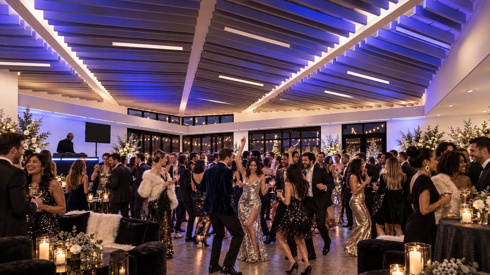 Company holiday party in full swing, the dance floor lit cobalt under the wood baffles, glass doors to the rooftop beyond.
