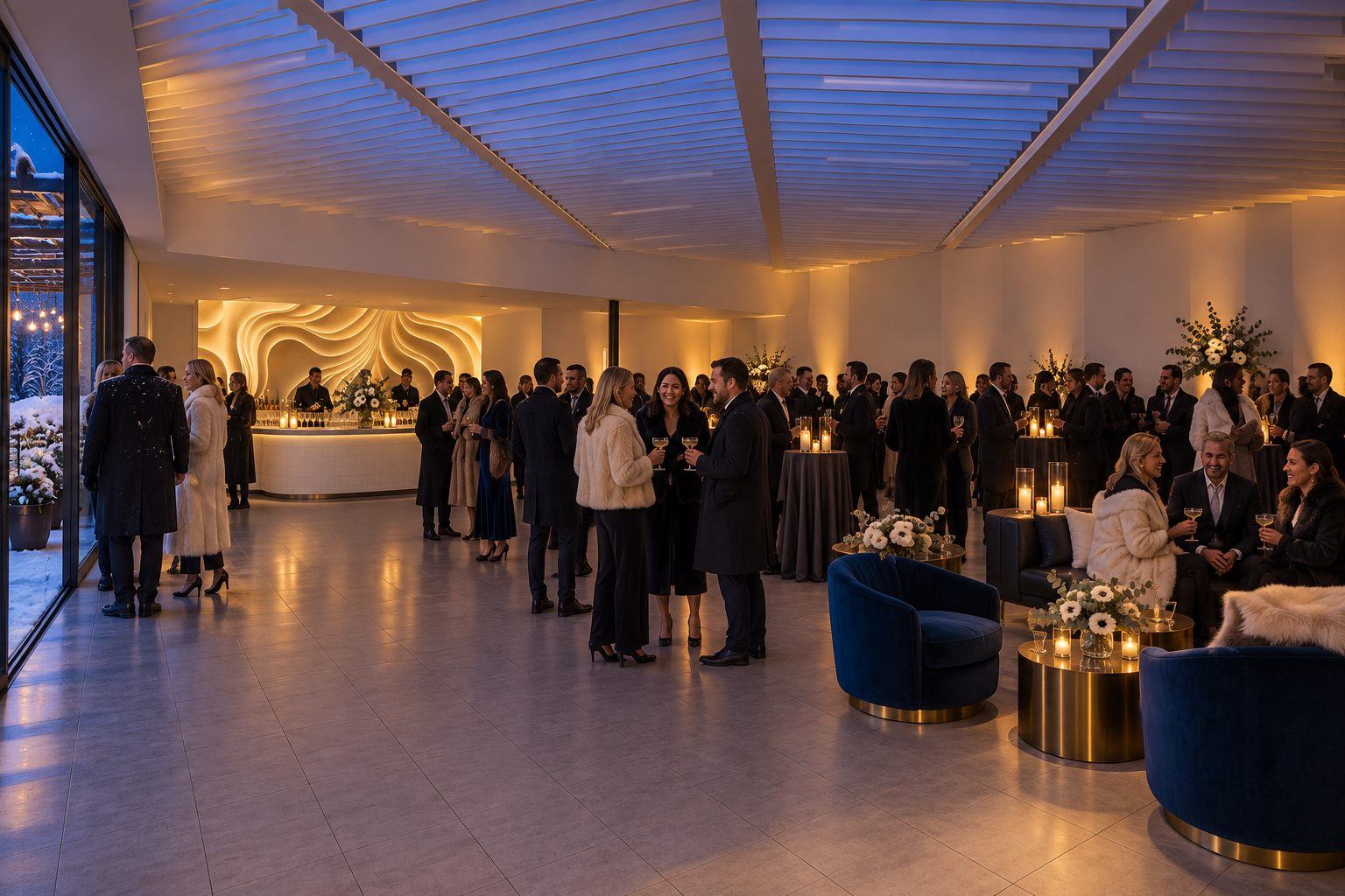 Winter cocktail hour at blue hour, snow falling past the windows, guests gathered along the sculptural bar wall.