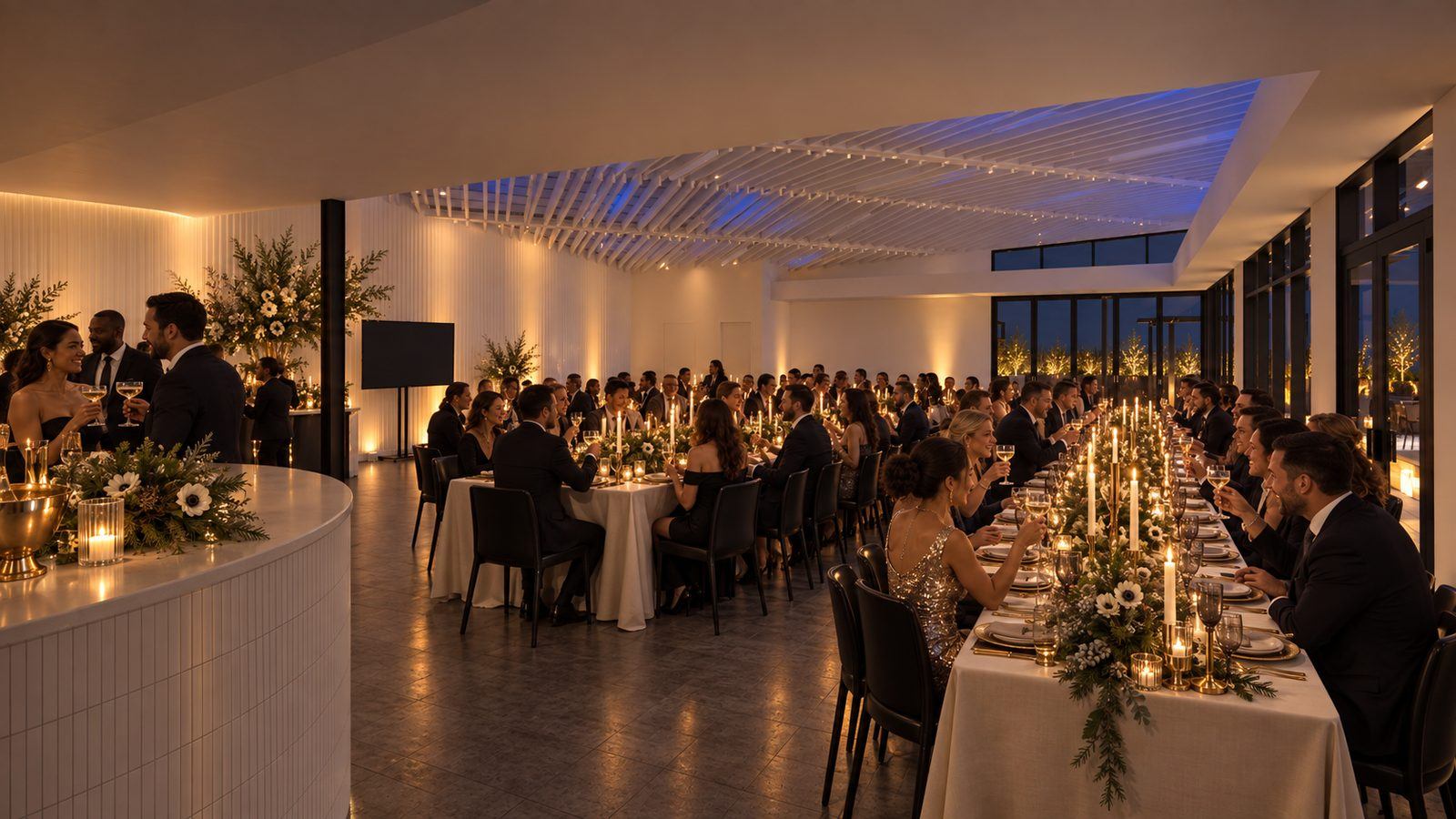 Candlelit holiday dinner on long tables, evergreen and winter florals down the center, the curved bar glowing at the far end.