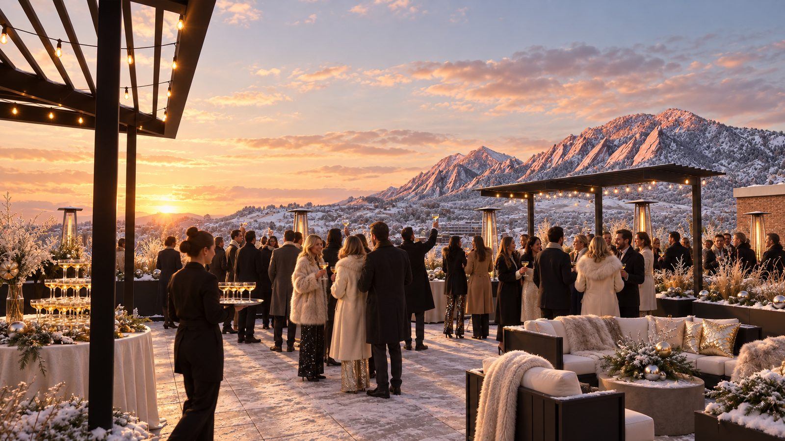 Champagne toast on the rooftop at sunset, alpenglow on the snowy Flatirons, guests in winter coats raising glasses under the pergola.