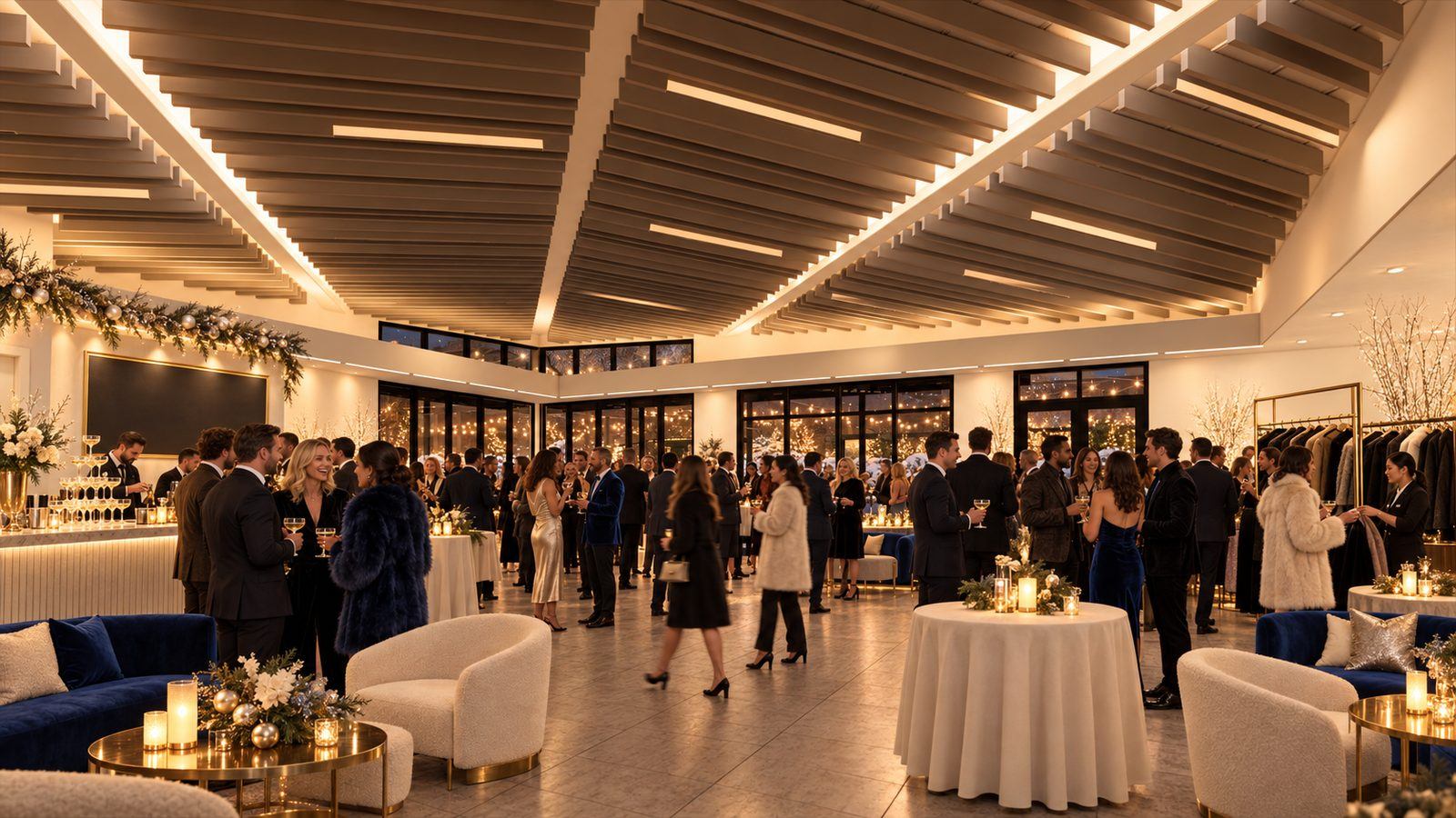 Cocktail-style holiday reception in the indoor room, cream lounge seating and faux-fur throws, warm light off the wood ceiling.