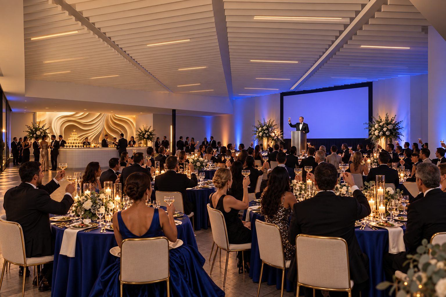 Holiday gala dinner at round tables in cobalt linens, a toast from the podium, the sculptural bar wall lit behind.